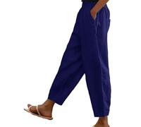 DGHM Cotton Linen Trouser Women UK Solid Color Elasticated Waist Trouser Ladies Summer Loose Fit Lounge Pants Casual Straight Leg Bottoms with Pockets Casual Holiday Beach Joggers Navy