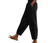 DGHM Cotton Linen Trouser Women UK Solid Color Elasticated Waist Trouser Ladies Summer Loose Fit Lounge Pants Casual Straight Leg Bottoms with Pockets Casual Holiday Beach Joggers Black