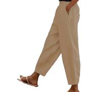 DGHM Cotton Linen Trouser Women UK Solid Color Elasticated Waist Trouser Ladies Summer Loose Fit Lounge Pants Casual Straight Leg Bottoms with Pockets Casual Holiday Beach Joggers Khaki