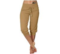 DGHM Cropped Trousers for Women UK Ladies Straight Leg Joggers Cuffed Cargo Trousers Drawstring Sweatpants Baggy Capri Trouser Elastic Waist Ladies Summer Capri Pants with Pockets Khaki