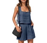 DGHM Women 2PCS Outfits Shorts Sets Sleeveless Tank Top and Elastic Shorts with Pockets Summer Beach Y2K Aesthetic Co Ord Set Lounge Streetwear(A1-navy,L)