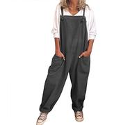 DGHM Women's Dungarees Plus Size Soft Cotton Linen Overalls Vintage Solid Adjustable Strap Sleeveless Jumpsuit Casual Baggy Wide Leg Suspender Rompers Oversized Long Trousers