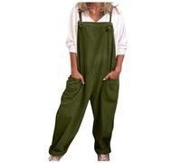 DGHM Women's Dungarees Plus Size Soft Cotton Linen Overalls Vintage Solid Adjustable Strap Sleeveless Jumpsuit Casual Baggy Wide Leg Suspender Rompers Oversized Long Trousers