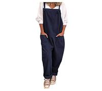 DGHM Women's Dungarees Plus Size Soft Cotton Linen Overalls Vintage Solid Adjustable Strap Sleeveless Jumpsuit Casual Baggy Wide Leg Suspender Rompers Oversized Long Trousers