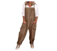 DGHM Women's Dungarees Plus Size Soft Cotton Linen Overalls Vintage Solid Adjustable Strap Sleeveless Jumpsuit Casual Baggy Wide Leg Suspender Rompers Oversized Long Trousers