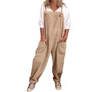 DGHM Women's Dungarees Plus Size Soft Cotton Linen Overalls Vintage Solid Adjustable Strap Sleeveless Jumpsuit Casual Baggy Wide Leg Suspender Rompers Oversized Long Trousers