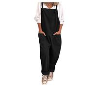 DGHM Women's Dungarees Plus Size Soft Cotton Linen Overalls Vintage Solid Adjustable Strap Sleeveless Jumpsuit Casual Baggy Wide Leg Suspender Rompers Oversized Long Trousers