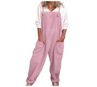 DGHM Women's Dungarees Plus Size Soft Cotton Linen Overalls Vintage Solid Adjustable Strap Sleeveless Jumpsuit Casual Baggy Wide Leg Suspender Rompers Oversized Long Trousers