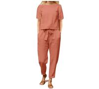 DGHM Women's Summer Tracksuits 2 Piece Outfits Linen Co Ords Sets Loose Fit Round Neck Short Sleeve T-Shirt Solid Cotton Linen Tops and Casual Trousers Plus Size Loungewear(A1 Orange,XL)