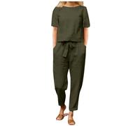 DGHM Women's Summer Tracksuits 2 Piece Outfits Linen Co Ords Sets Loose Fit Round Neck Short Sleeve T-Shirt Solid Cotton Linen Tops and Casual Trousers Plus Size Loungewear(A1 Green,M)