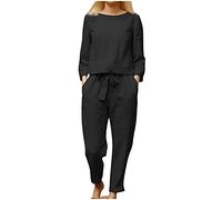 DGHM Women's Summer Tracksuits 2 Piece Outfits Linen Co Ords Sets Loose Fit Round Neck Short Sleeve T-Shirt Solid Cotton Linen Tops and Casual Trousers Plus Size Loungewear(A2 Black,XL)