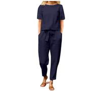 DGHM Women's Summer Tracksuits 2 Piece Outfits Linen Co Ords Sets Loose Fit Round Neck Short Sleeve T-Shirt Solid Cotton Linen Tops and Casual Trousers Plus Size Loungewear(A1 Navy,M)