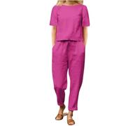 DGHM Women's Summer Tracksuits 2 Piece Outfits Linen Co Ords Sets Loose Fit Round Neck Short Sleeve T-Shirt Solid Cotton Linen Tops and Casual Trousers Plus Size Loungewear(A1 Hot Pink,M)