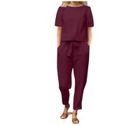 DGHM Women's Summer Tracksuits 2 Piece Outfits Linen Co Ords Sets Loose Fit Round Neck Short Sleeve T-Shirt Solid Cotton Linen Tops and Casual Trousers Plus Size Loungewear(A1 Wine,M)