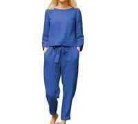 DGHM Women's Summer Tracksuits 2 Piece Outfits Linen Co Ords Sets Loose Fit Round Neck Short Sleeve T-Shirt Solid Cotton Linen Tops and Casual Trousers Plus Size Loungewear(A2 Blue,L)