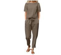 DGHM Women's Summer Tracksuits 2 Piece Outfits Linen Co Ords Sets Loose Fit Round Neck Short Sleeve T-Shirt Solid Cotton Linen Tops and Casual Trousers Plus Size Loungewear(A1 Khaki,M)