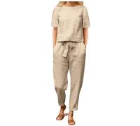 DGHM Women's Tracksuits 2 Piece Outfits Linen Co Ords Sets Loose Fit Short Sleeve Crop Tops and Trousers Solid Casual Workout Set Plus Size Loungewear(Khaki,S)