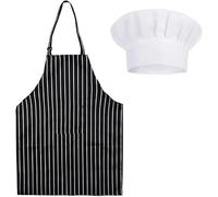 DGHOME Apron and Chef Hat Set, Chef Outfit Adult, Adjustable Bib Apron Anti-Fouling with Pockets Black and White Striped Halter Apron for Unisex Suitable for Home Kitchen, Gardening, Cafes House