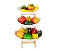 DGJMuu 3 Tiered Ceramic Fruit Bowl, White Fruit Bowl for Kitchen, Bamboo Wood Porcelain Fruit Rack for Kitchen Counter Large Capacity Bread, Snack Fruit Rack (White)