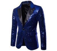 DGKaxiyaHM Men's 1 Button Stylish Dinner Party Suit Jacket Prom Sequin Sparkly Tuxedo Suits Blazer Shawl Wedding Suit Coat (Blue,S)