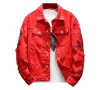 DGKaxiyaHM Men's Distressed Ripped Biker Jean Jacket Button Down Trucker Denim Jacket Casual Loose Fit Punk Jean Coat (Red,M)