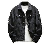 DGKaxiyaHM Men's Distressed Ripped Biker Jean Jacket Button Down Trucker Denim Jacket Casual Loose Fit Punk Jean Coat (Black,L)