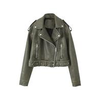 DGKaxiyaHM Women's Faux Leather Casual Short Coat Vintage Fashion Motorcycle Coat Jacket Blazer Collar Zip Up Coats (Grey Green,L)