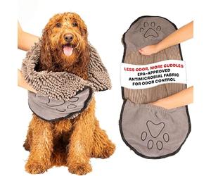 DGS - Dirty Dog Shammy Towel, Grey | Antimicrobial Microfiber Dog Towel for Odor Control, Fast-Drying Plush, Dual Hand Pockets & Elastic, Machine Washable