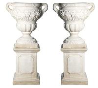 DGS Statues - Stone Cast, Fruit Complication Design Garden Vases with Victorian Square Plinths, Hand Finished, Giant, Statue, Sculpture, Off White