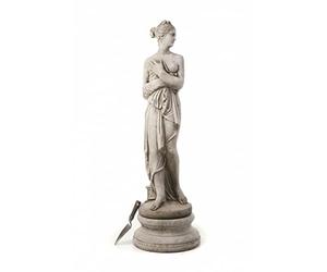DGS STATUES - Stone Cast, Large Pandora Lady Revealing Robe, Half Nude with Round Column, Hand Finished, Statue, Sculpture