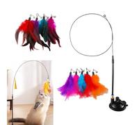 DGSLWH 11 PCS Cat Teaser Wand Toy Set with Suction Base, 87.5cm Steel Rod, 5 Colorful Feathers & 4 Multicolor Feathers, with Bell, Natural, Steel Wire, PVC, Interactive Kitten Toys for Indoor Cats
