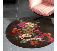 Dgsxynth 60 * 60cm Flannel Small Round Rug, Floral Sugar Skull Day of The Dead Floor Mat, Non Slip Rugs for Bedroom, Living Room, Decor