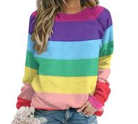 Dgsxynth Casual Ladies Jumper, Rainbow Colored Horizontal Striped Lines Sweatshirts for Women, Crewneck Long Sleeve Top