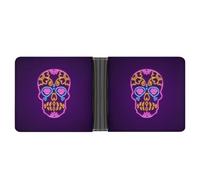 Dgsxynth Coin Pocket, Purple Neon Skull Leather Wallet, Bifold Credit Card Leather Slim Purse