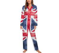 Dgsxynth Ladies Nightwear, Vintage Union Jack British Flag Pajama Set, Button Down Sleepwear Long Sleeve Shirt with Pants