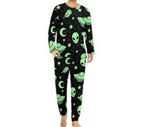 Dgsxynth Men's Crew Neck Pyjamas Set, Green Alien Moon UFO Pyjamas for Men, Men's Pajamas with Pockets