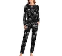 Dgsxynth Woman's Crew Neck Pyjamas Set, Black Skull Head Pyjamas for Women, Women's Pajamas with Pockets