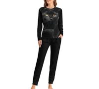 Dgsxynth Woman's Crew Neck Pyjamas Set, Cat Pattern Black Cat Pyjamas for Women, Women's Pajamas with Pockets