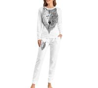 Dgsxynth Woman's Crew Neck Pyjamas Set, Gray Wolf Pyjamas for Women, Women's Pajamas with Pockets