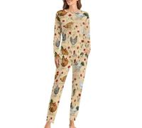 Dgsxynth Woman's Crew Neck Pyjamas Set, Many Chickens Pyjamas for Women, Women's Pajamas with Pockets