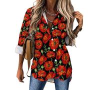 Dgsxynth Womens Blouse, Red Poppy Flower Long Sleeve Shirt, Button Down Shirt for Work Party