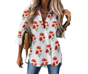 Dgsxynth Womens Blouse, Red Poppy Long Sleeve Shirt, Button Down Shirt for Work Party