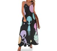 Dgsxynth Women's Summer Long Dresses, Alien Summer Dress, V-Neck Spaghetti Straps Beach Dress