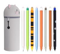 DGTSYAL Kawaii 2 in 1 Soft Silicone School Pencil Case, Erasable Gel Pen, Thermosensitive Ink, 8 Removable, Greyest Brushes