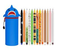 DGTSYAL Kawaii 2 in 1 Soft Silicone School Pencil Case, Erasable Gel Pen, Thermosensitive Ink, Shark + 13 removable markers, 1 unità (Confezione da 17)