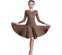 DgtZyrih 2 Pieces Girls Latin Dance Dress, Heart-Shaped Collar Long Sleeve Dance Outfit Big Swing Performance Competition Costume Ballroom Salsa Tango Pleated Skirts,Brown,140
