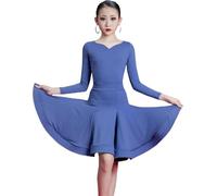 DgtZyrih 2 Pieces Girls Latin Dance Dress, Heart-Shaped Collar Long Sleeve Dance Outfit Big Swing Performance Competition Costume Ballroom Salsa Tango Pleated Skirts,Blue,130