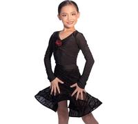 DgtZyrih Children Latin Dance Clothes, Long Sleeves Dance Performance Costume Girls Lace Hem Dance Outfit Competition Training Skirt Ballet Jazz Dance Dress,Black,160
