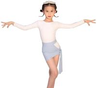 DgtZyrih Children Latin Dance Skirt, Girls Crew Neck Dancewear Modern Ballroom Dance Wear Long Sleeve Professional Competition Costume Samba Tango Cha Cha Skirts,White,160