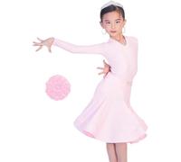 DgtZyrih Children V-Neck Latin Dance Clothes, 2 Pcs Wrap Skirt, Standard Dancewear Long Sleeve Professional Performance Competition Costume Ruffles Dance Outfit,F,170